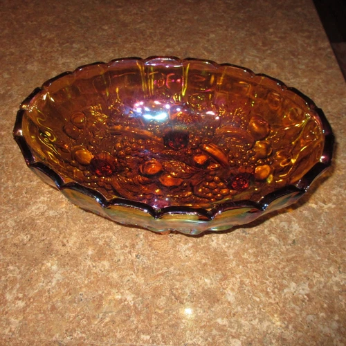 Vintage Indiana Iridescent Carnival Glass Fruit Harvest Grape Amber Footed Bowl