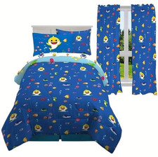 Baby Shark "Big Time Shark" Kids Bed Set with 63" Curtains-AB08539G97D2