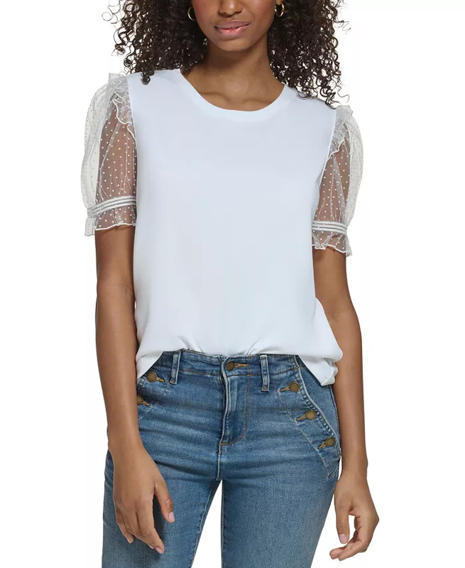 KARL LAGERFELD PARIS Women's Cotton Sheer-Ruffles-Sleeve T-Shirt Sz S NWT