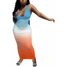 Womens Sexy Deep U Neck Tank Top Bodycon Dress Sleeveless Wrap Long Maxi Dresses