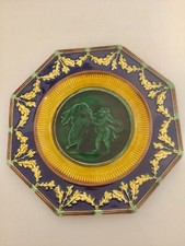Antique Wedgewood Majolica Green & Blue Rare Plate Cherubs Playing