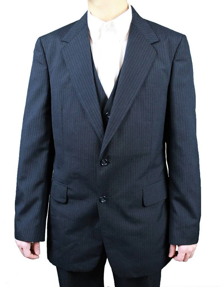 Traje Vintage Tres 3 Piezas 42L Delgado 35x30 Blazer Chaleco Pantalones Azul Oscuro Rayas Foto 2 de 4