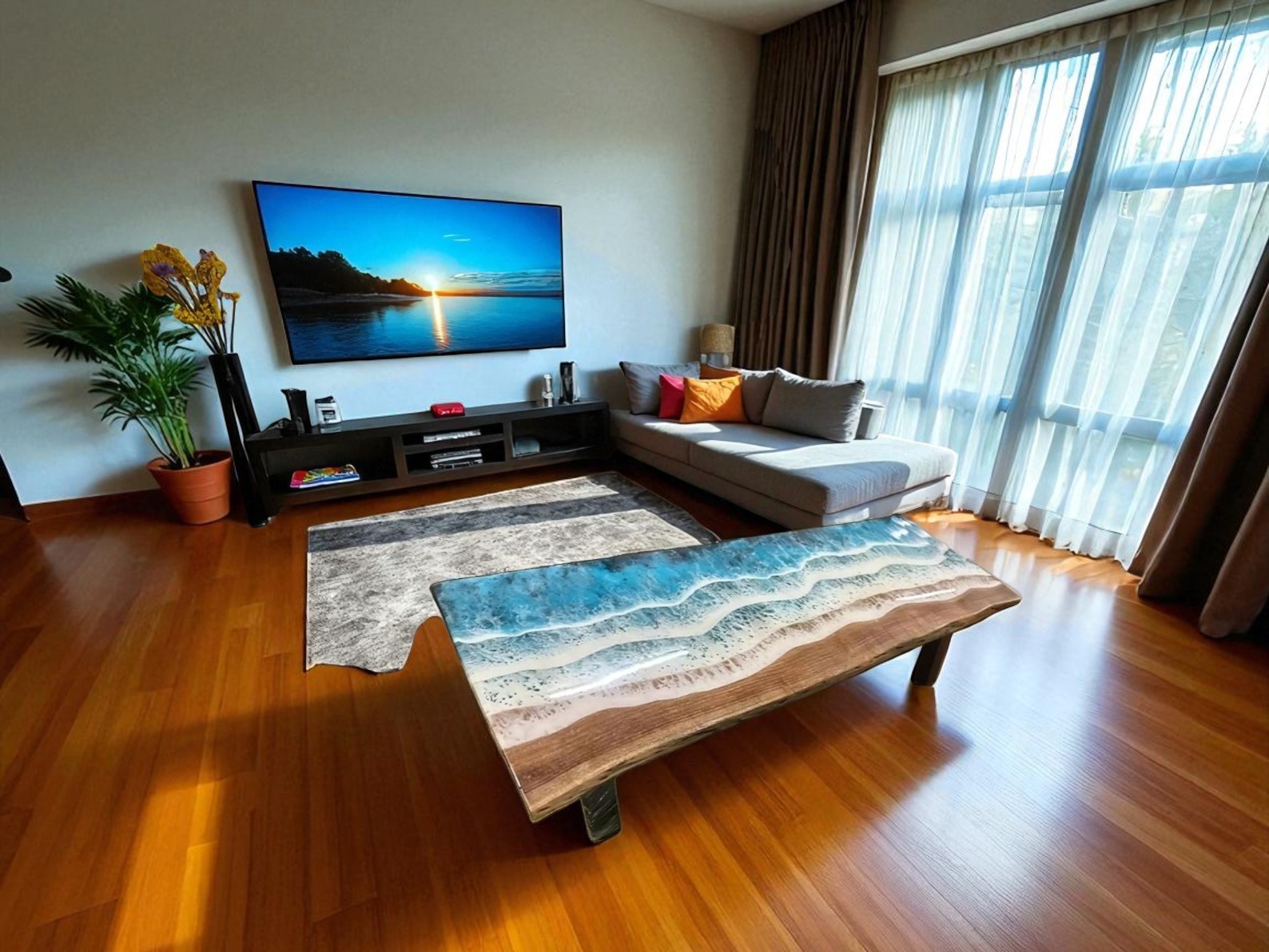 48x30 Ocean Wave Resin Epoxy Live Edge Wood Dining Table Top Decor-image