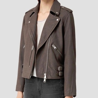 ALL SAINTS Watson Womens Leather Jacket UK2 Brown Biker Bomber US00 EU30 XS XXS