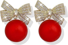Christmas Earrings for Women Rhinestone Pearl Bow Earings Xmas Earrings Holiday