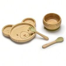 Cute Cartoon Baby Feeding Set 4pc Non Slip Suction Plate Bowl Fork Spoon Weaning