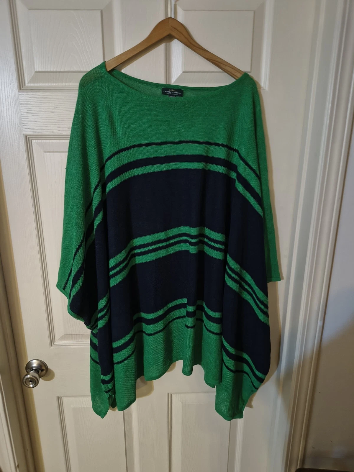 Ralph Lauren LRL Knit Poncho Wrap Sweater Cape Linen Green Navy Blue One Size