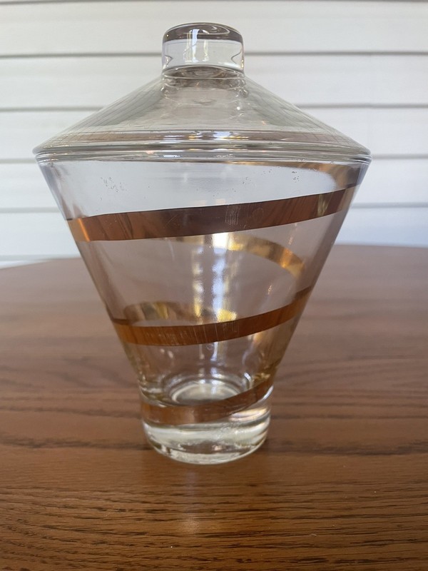 Vintage Hazel Atlas MCM Glass Candy Jar Gold Ribbon Swirl With Lid  Htf