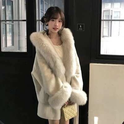 Winter Womens Fox Fur Collar Wool Coat Fox Fur Cuffs Warm Wool