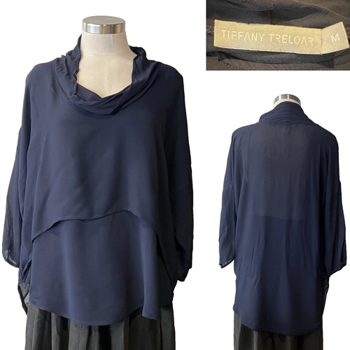 TIFFANY TRELOAR Navy Viscose Georgette, Cowl Neck, Elbow Sleeve, Blouse, Shirt M