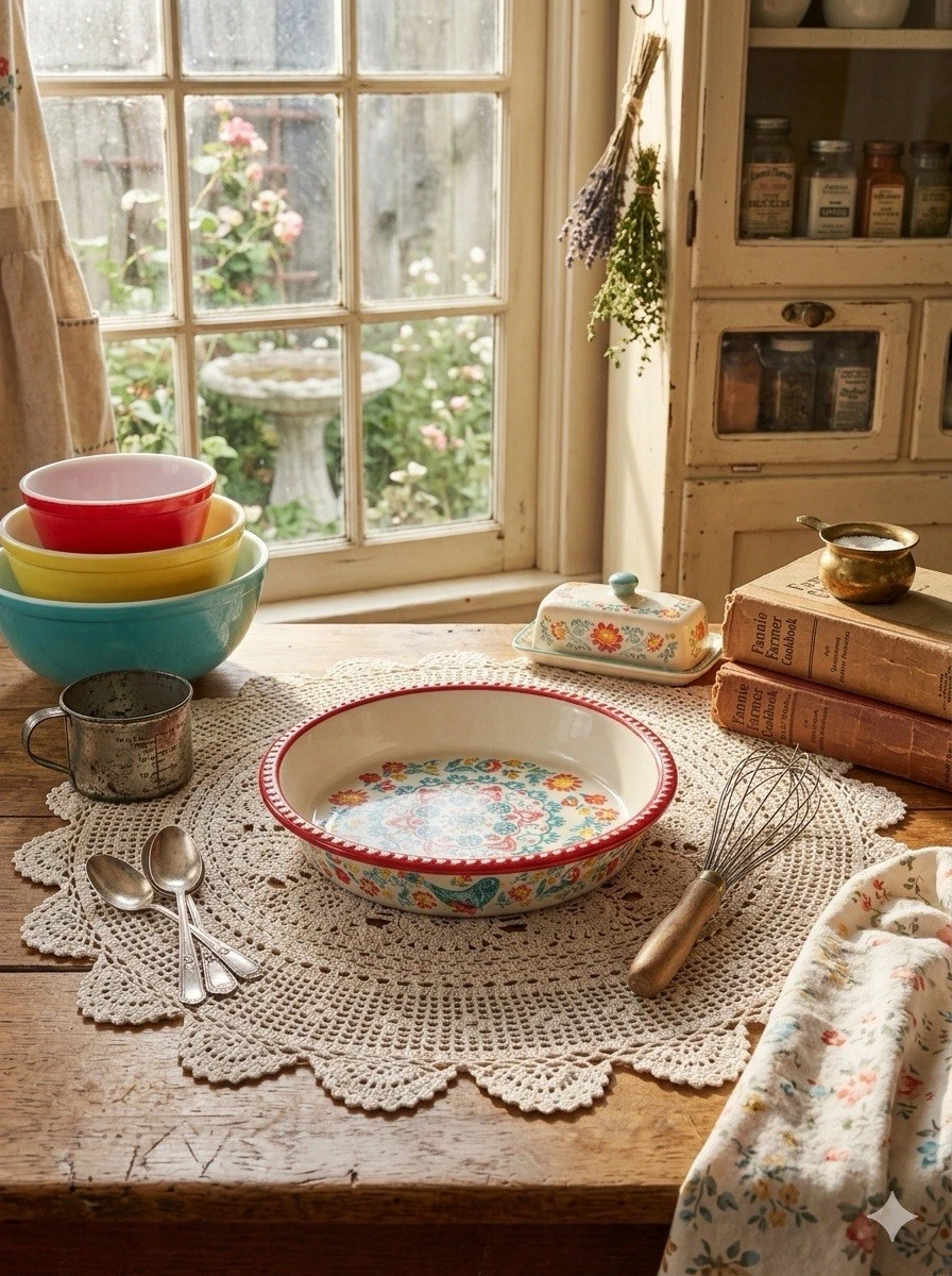 Pioneer Woman Mazie Pie Plate 10.5in Floral Ceramic Red Farmhouse Bakeware Set 2