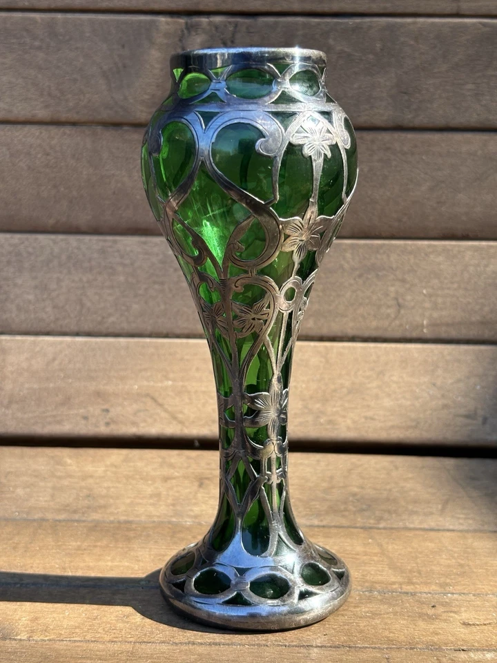 Jarrón de vidrio con superposición de plata fina Loetz Alvin Art Nouveau .999 circa 1900 G3466-2 # Foto 4 de 4