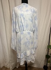 Express Floral Dress  1X Blue White Mock Neck Long Sleeve Ruffle Hem Flowy
