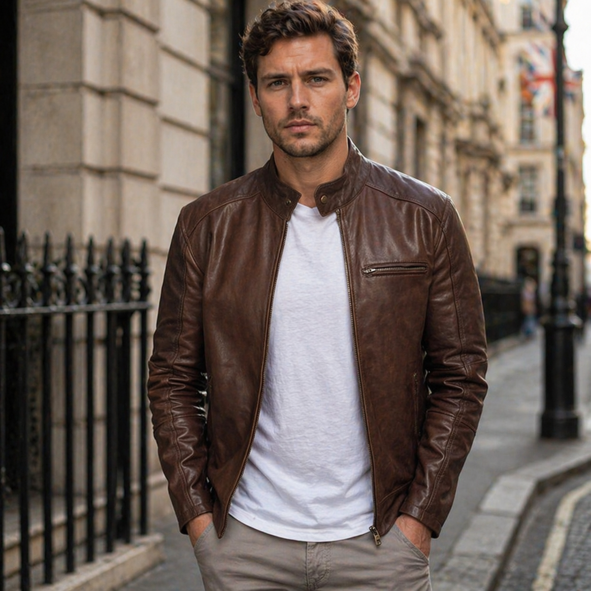 Men's Classic Brown Leather Jacket – Slim Fit Café Racer Style | eBay
