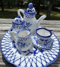 Miniature Child Tea Set Ceramic Hand Painted Blue Floral Design VTG Dollhouse