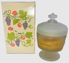 Vtg AVON Satin Glass Covered Dish w Inner Plastic Lid Moonwind Cream NOS Read