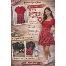 BOLD RETRO POP RED Yathon Geometric Fit and Flare Dress Keyhole Pockets SIZE M