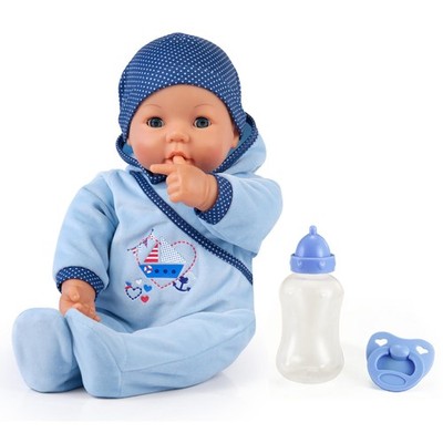 Bayer Hello Baby Boy Doll - 18'' Blue Boat, Pacifier, Bottle, Cap