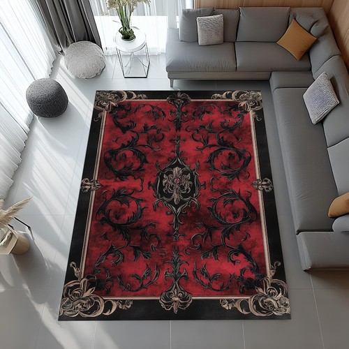 Gothic Rot Schwarz Verzierter Vorleger, Barock Vintage Stil Teppich, Dunkel Elegant Liv - Bild 3 von 12