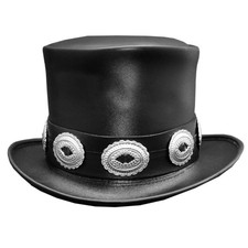 Leather Top Hat Rocker Black Slash Style with Conchos Band Gothic Steampunk