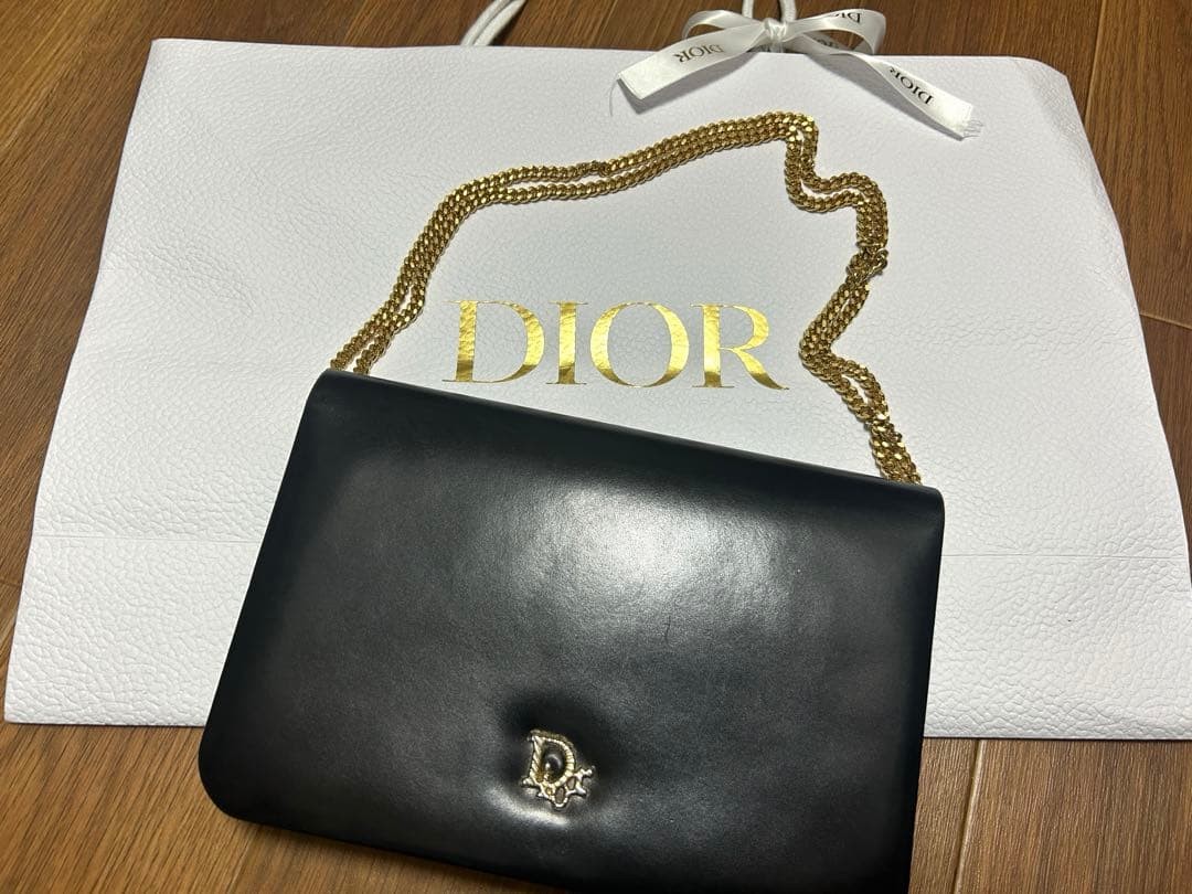 Christian Dior borsa a tracolla vintage pelle nera catena logo con dust bag oro