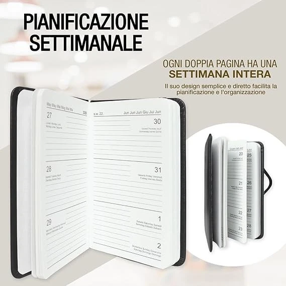 Agenda Settimanale 2026 Tascabile - Nera, Copertina in PU Morbido con elastico - Immagine 3 di 4