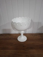 Vintage Milk Glass Tear Drop Pedestal Compote Bowl Scalloped Edges Cottagecore