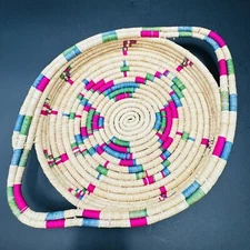 Grass Basket Woven Pink Green Blue Natural Coiled With Loop Handles 13.5” 