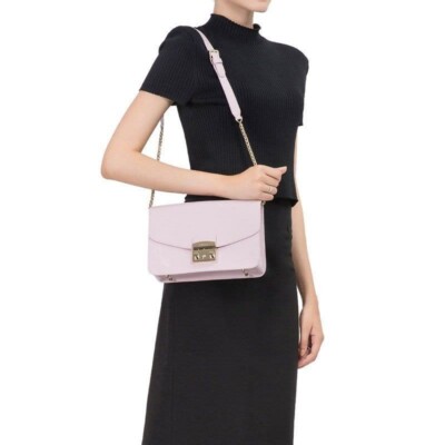 NWT  320 Furla Metropolis Shoulder Women Baby Pink Leather Bag 972391 Camelia