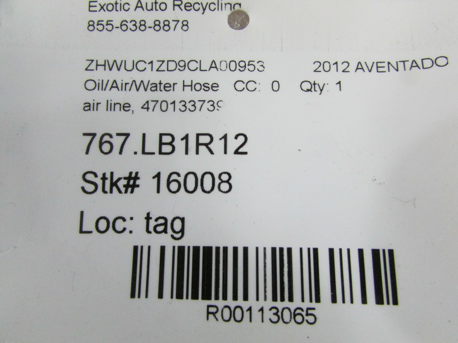 Lamborghini Aventador, Fuel Vapor Breather Line, Used, P/N 470133739