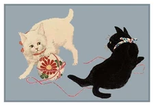 Japanese Asian Shotei Cats Playing Counted Cross Stitch Chart Pattern