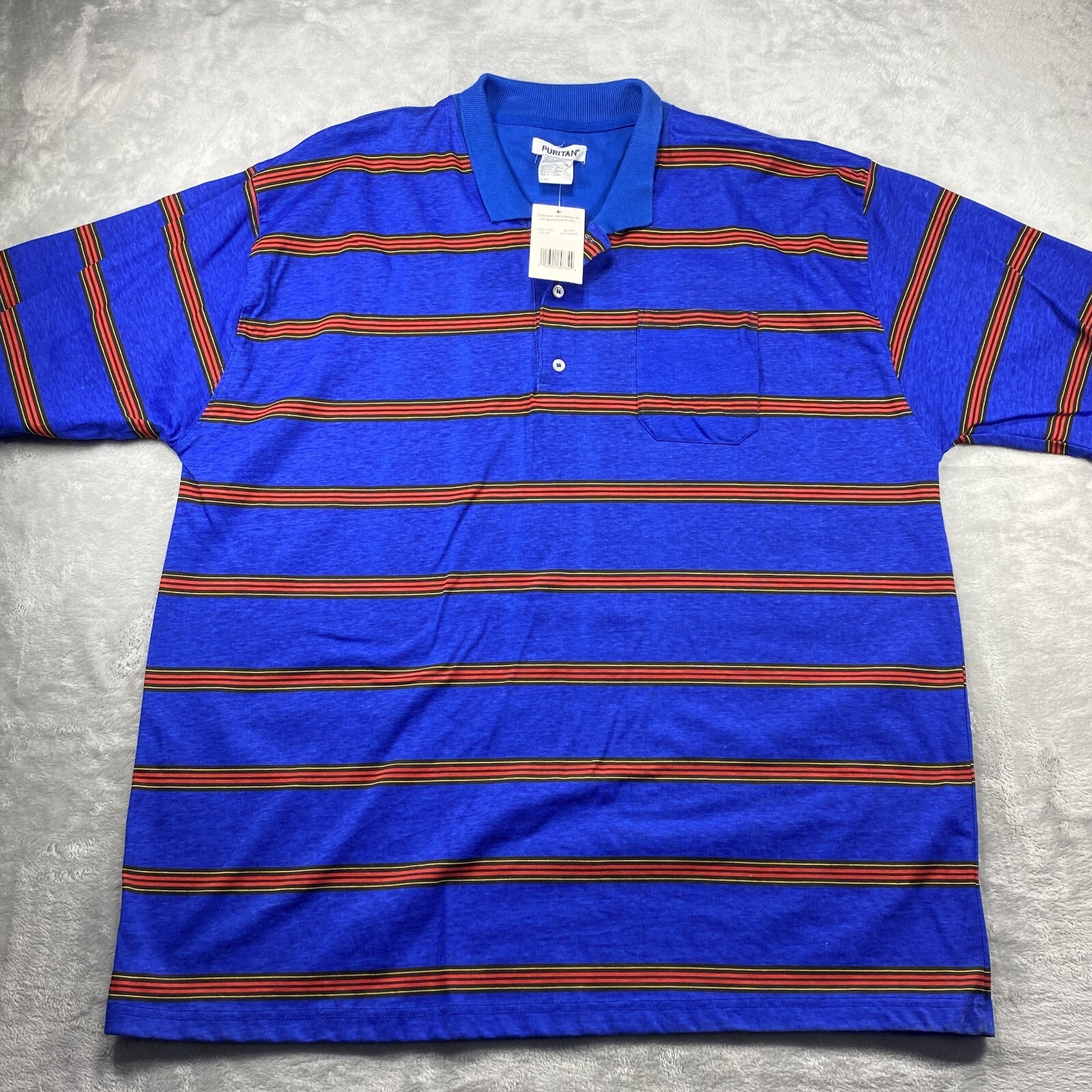 VTG NWT Puritan Mens 2XL Polo Shirt Blue W/ Red Black & Yellow Stripes