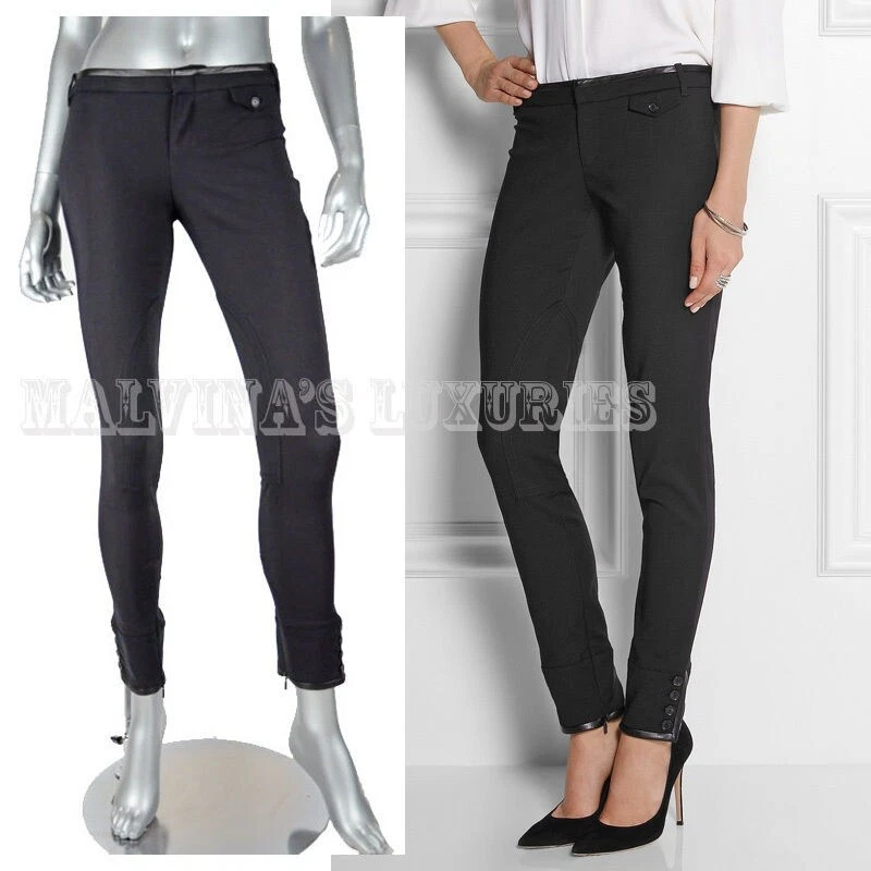PANTALON D'ÉQUITATION GUCCI SKINNY BORDURE CUIR COTON NOIR OURLET BOUTONNÉ IT 38 US 2
