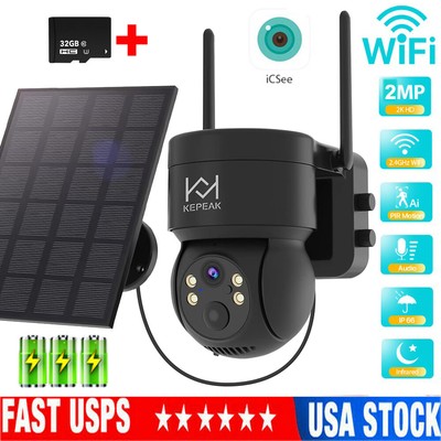 Solar Battery Powered Wireless WiFi Outdoor Pan/Tilt Home Security Camera System