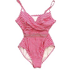 Draper James Lands End Swimsuit Women 12 Pink Red Gingham 1pc Twist Pad Bodice