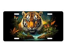 Tiger and Butterfly Aluminum Front License Plate Car Accessory Vanity