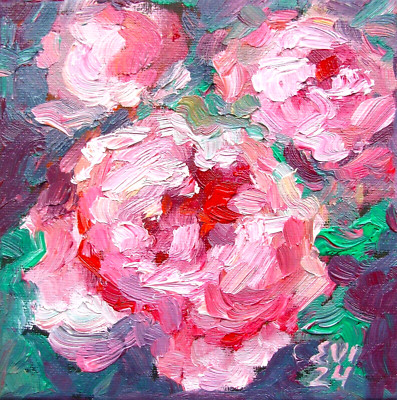 Rosa Pfingstrosen Original Ölgemälde Blumen Wandbild Wanddeko Leinwand 6x6 cm