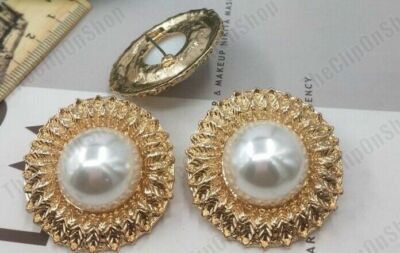 STUDS/CLIPS large retro PEARL cabochon BIG earrings GOLD TONE texture ROUND BIG