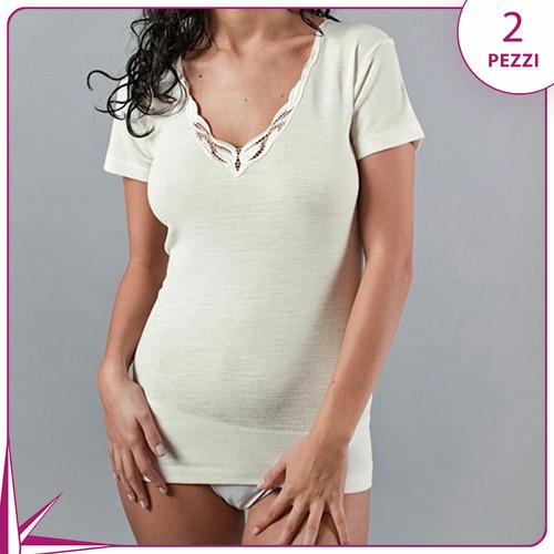 2 MAGLIE INTIME BLUINTIMO 807 DONNA MEZZA MANICA IN LANA COTONE SCOLLO IN  PIZZO | eBay