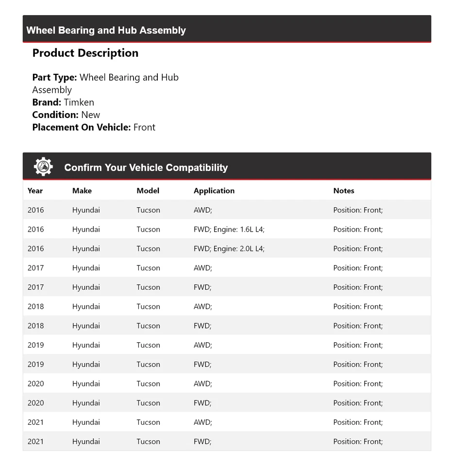 Conjunto de cojinete de rueda y buje delantero Timken 2017 para Hyundai Tucson 2016-2021 Foto 2 de 4