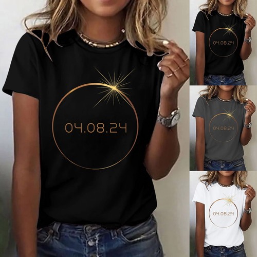 Women Solar Eclipse 04.08.24 T Shirts Round Neck Short Sleeve Casual Tops Blouse