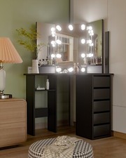 Corner Makeup Vanity Desk with Mirror  Lights 44in Bedroom Vanity Table Shelf 