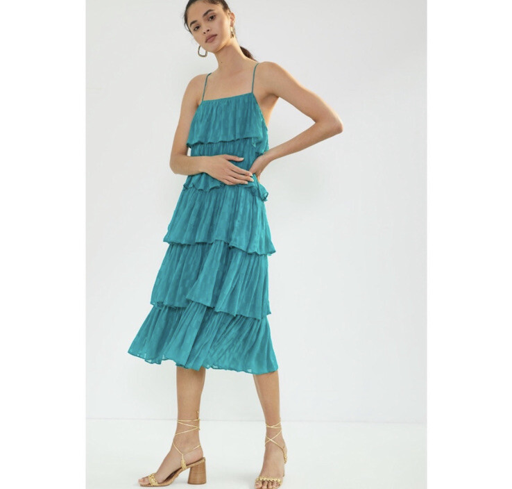 ruffled tiered midi dress anthropologie By Anthropologie Sleeveless Square-Neck Ruffle Tiered Midi Dress