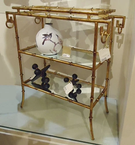 Gold Iron Bamboo Tray Table Mirrored 3 Tier Bar Chinese Chippendale Cyan Design  - Picture 3 of 6