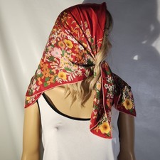 Vintage 1960s-70s Silk Scarf 32" x 32" Pop Art Mod Red Floral Flowers Grannycore
