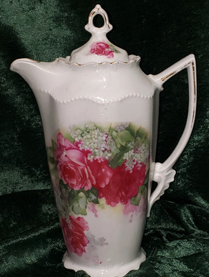 Antique Porcelain Germany Roses & Snowballs Chocolate Pot 9''