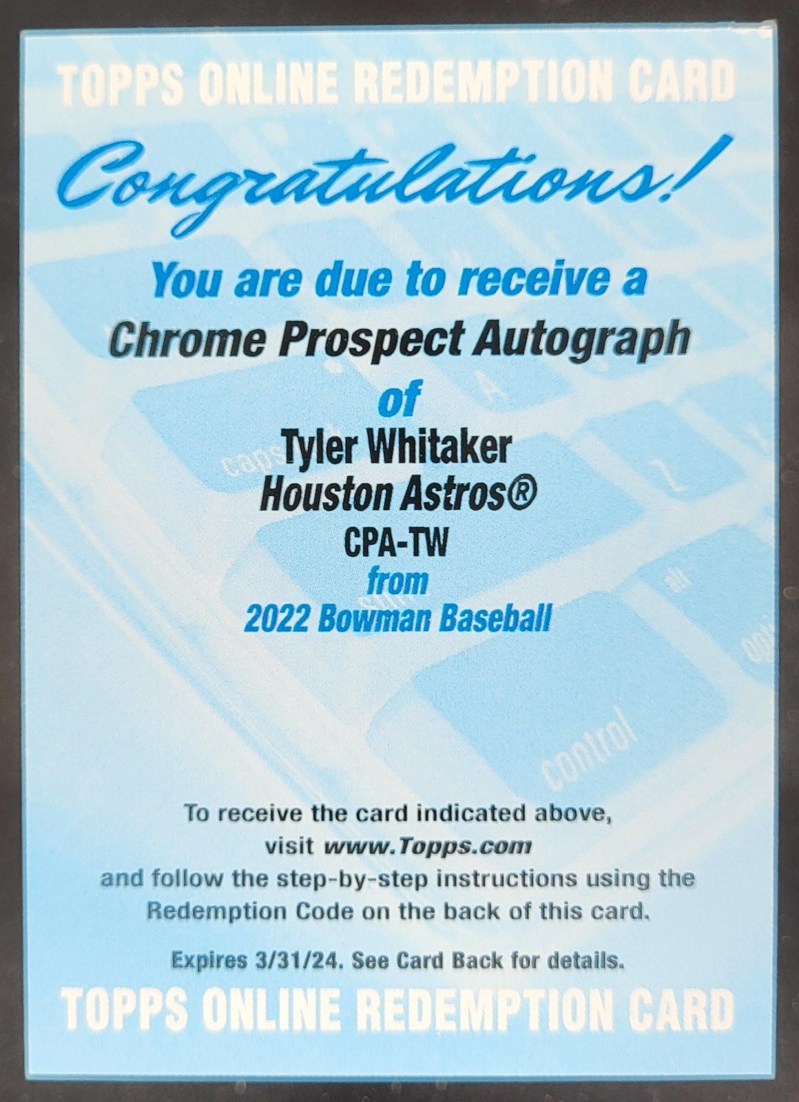 2022 Bowman Tyler Whitaker Chrome Auto #CPA-TW 1st Prospect Houston Astros HD2