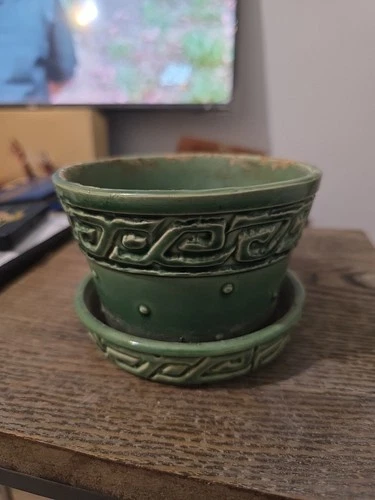Vintage McCoy USA Pottery Greek Key Planter Pot with Attached Saucer