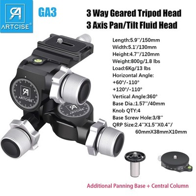 3-Way Stativkopf Tripod Head Geared Tripod Head 3 Axis Pan/Tilt Fluid Head