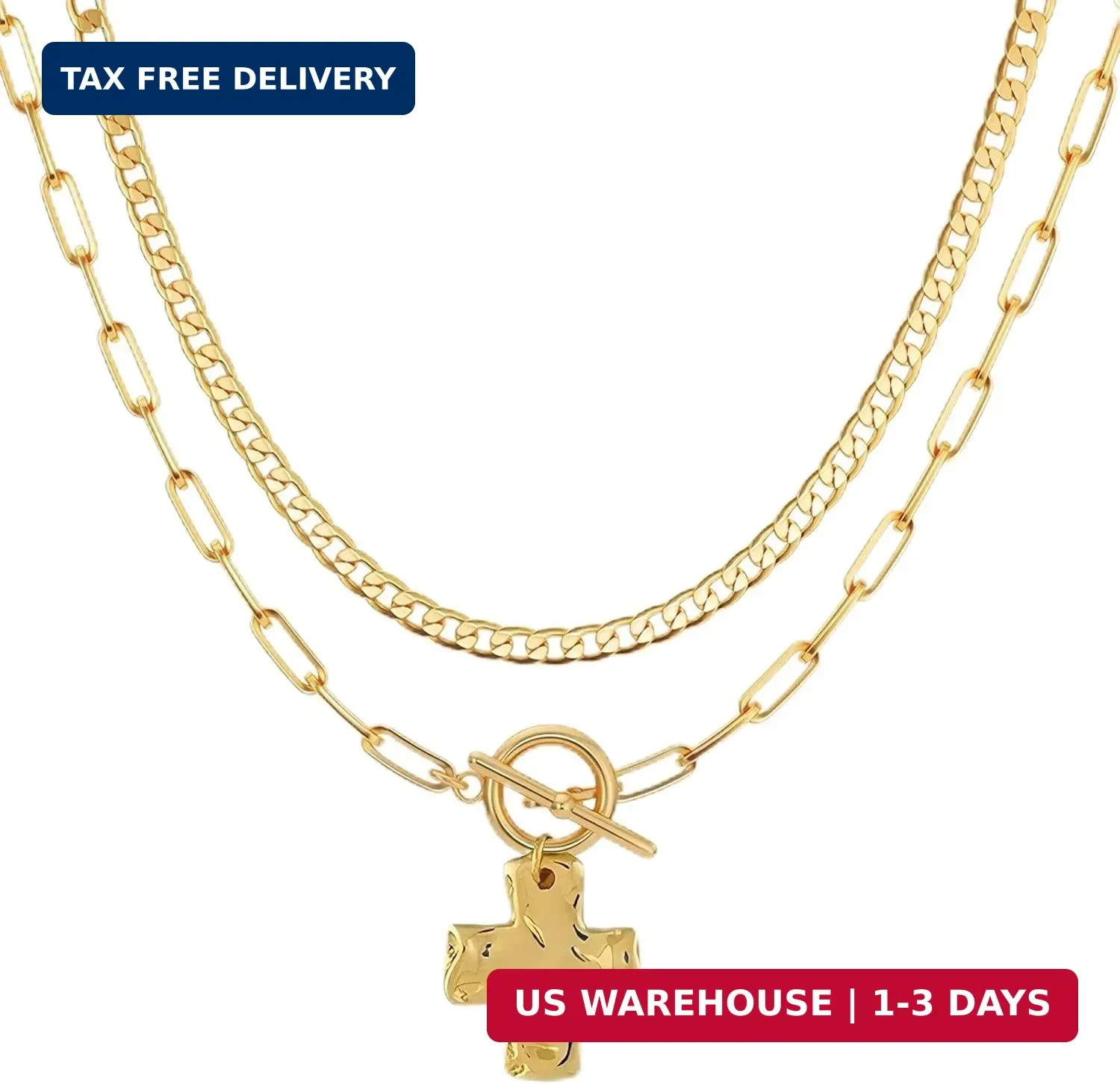 Chunky Cross Necklace for Women, Trendy 14K Layered Gold Chain Necklaces, Paperc